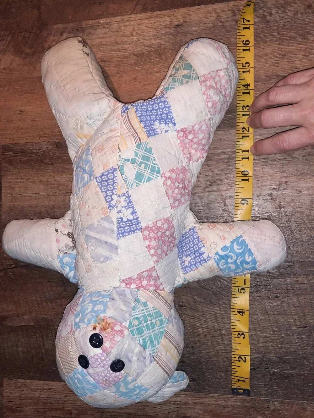 Vintage Patchwork Quilted Teddy Bear with Button Eyes - Soft Pastel Print